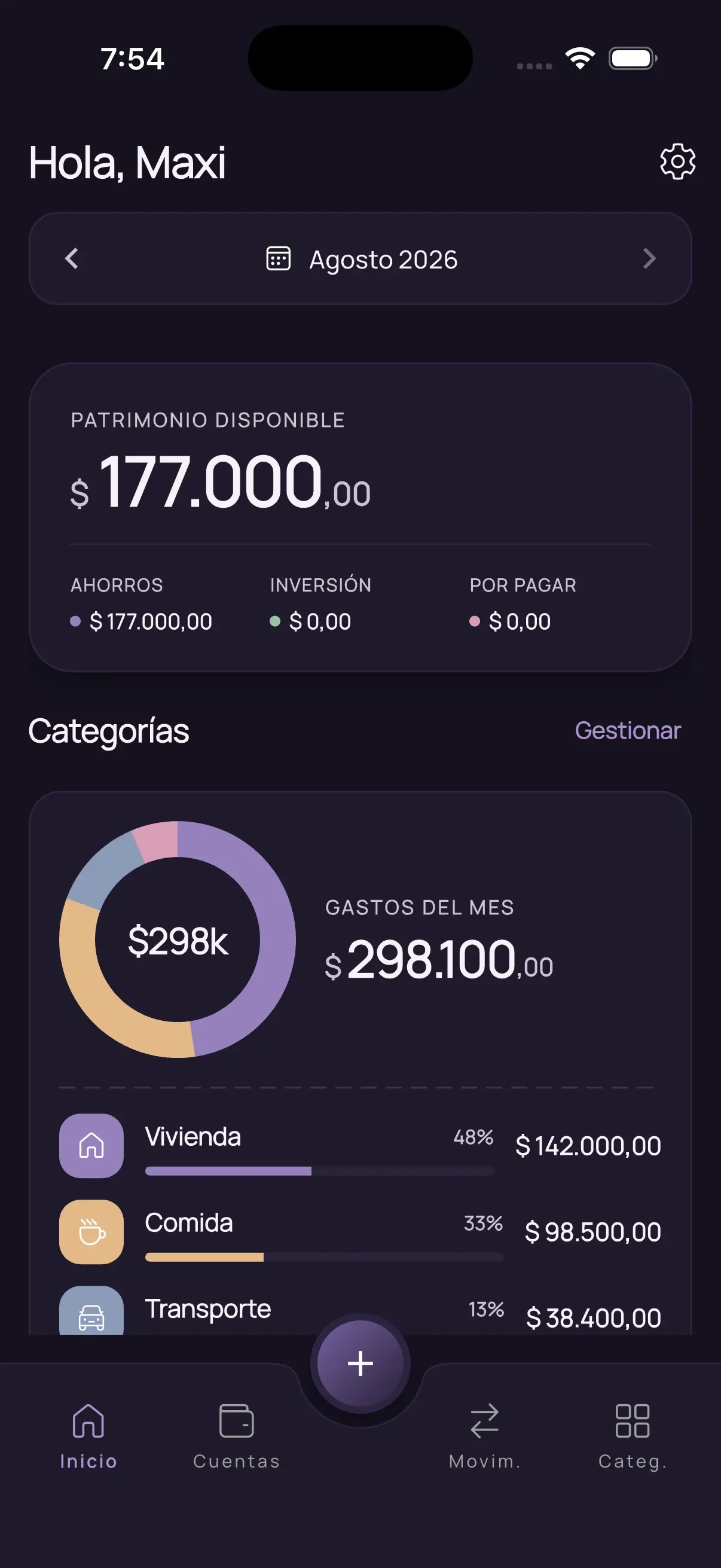 Pantalla de inicio de Qota con la plata disponible del mes y el desglose de gastos por categoría.