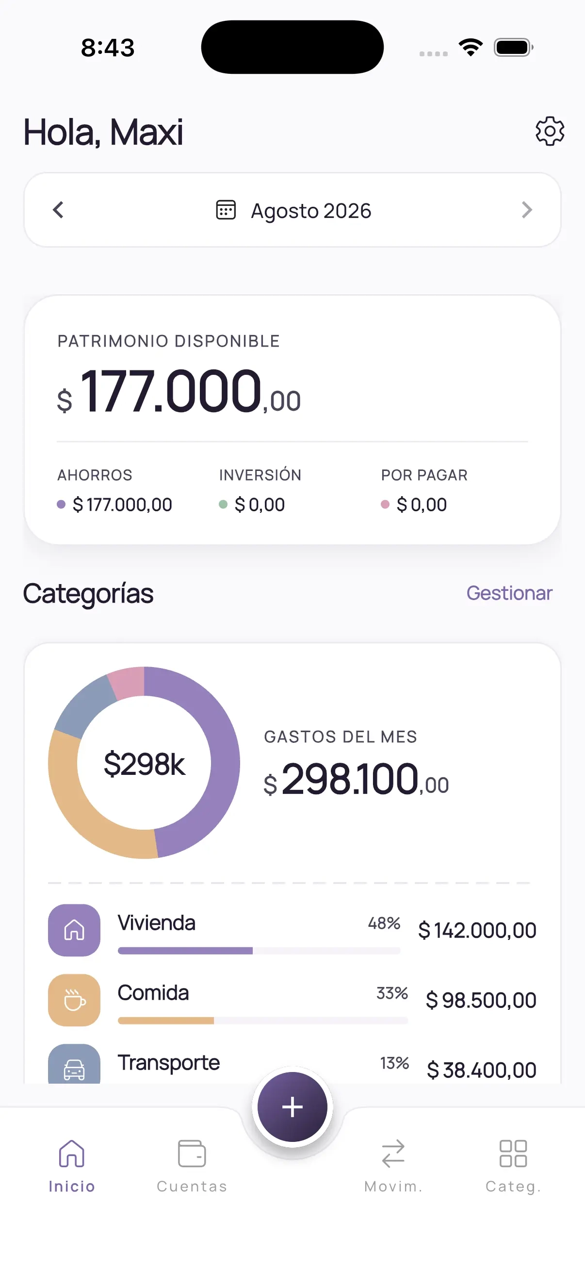 Pantalla de inicio de Qota con la plata disponible del mes y el desglose de gastos por categoría.