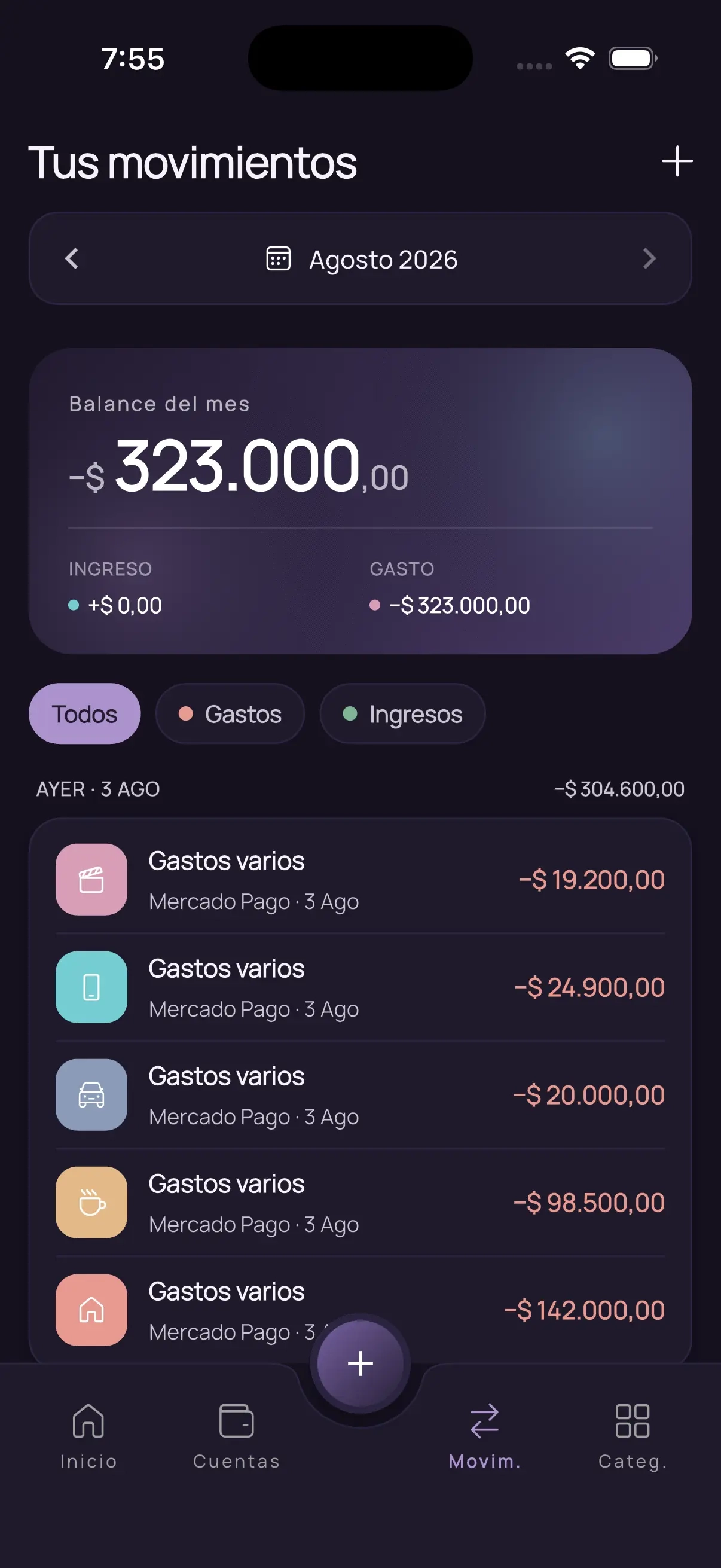 Pantalla de movimientos de Qota con los gastos e ingresos agrupados por cuenta y las cuotas contadas.