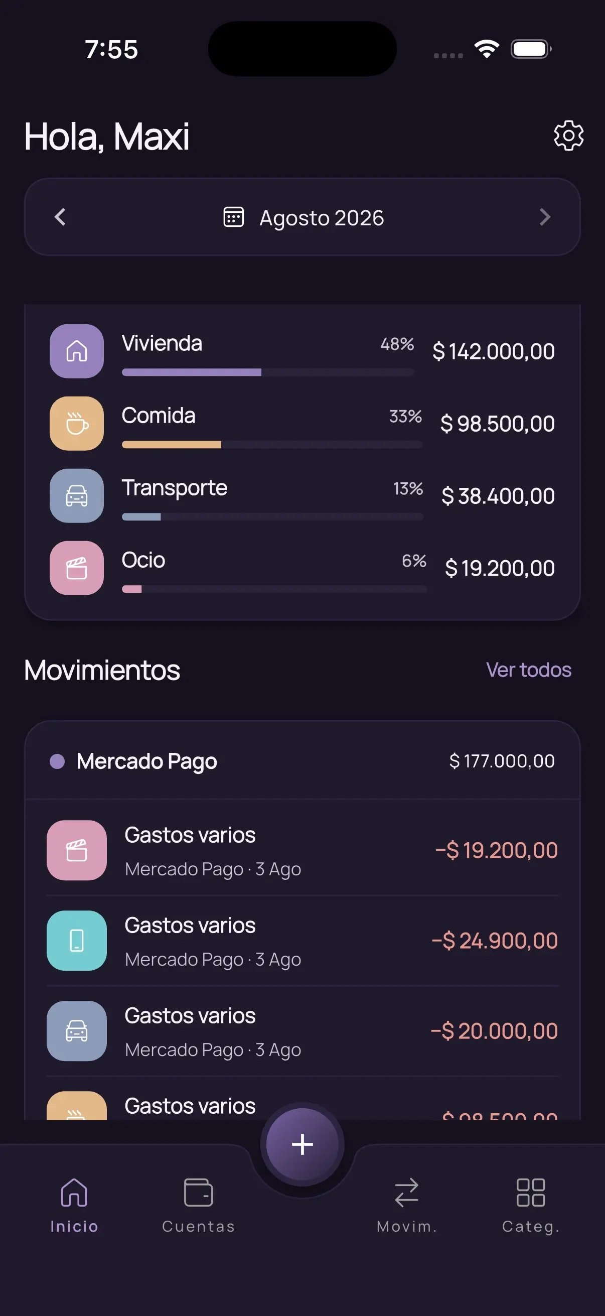 Pantalla de resumen de Qota con la proyección de cierre de mes, las cuotas comprometidas y el saldo de la tarjeta.