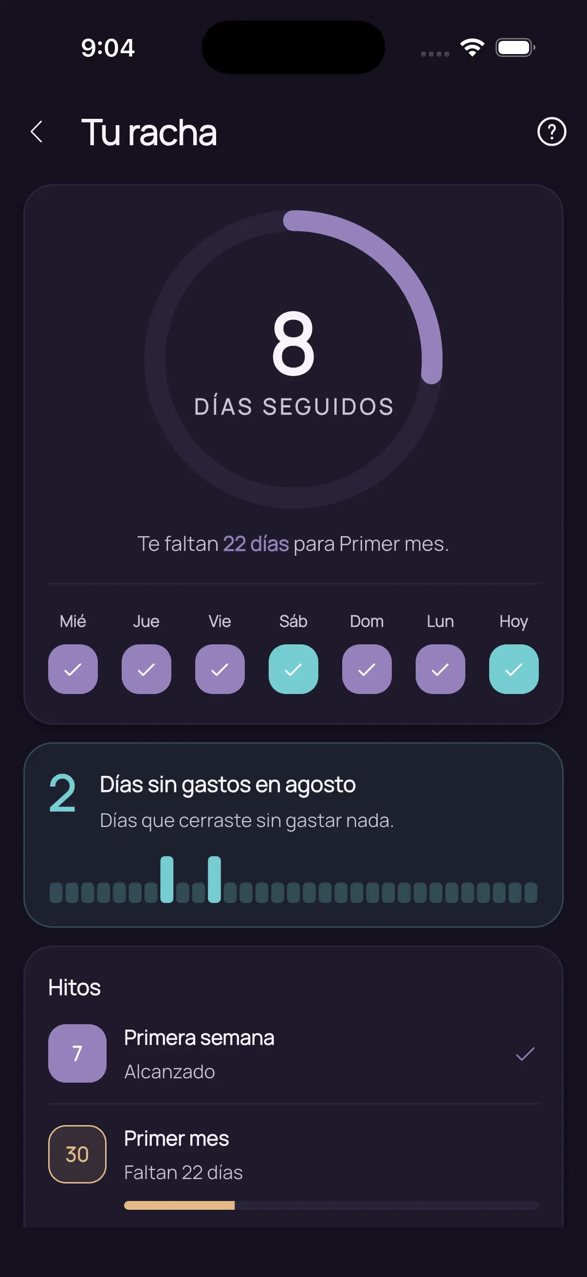 Pantalla de rachas de Qota con los días cerrados de la semana y los escudos disponibles.