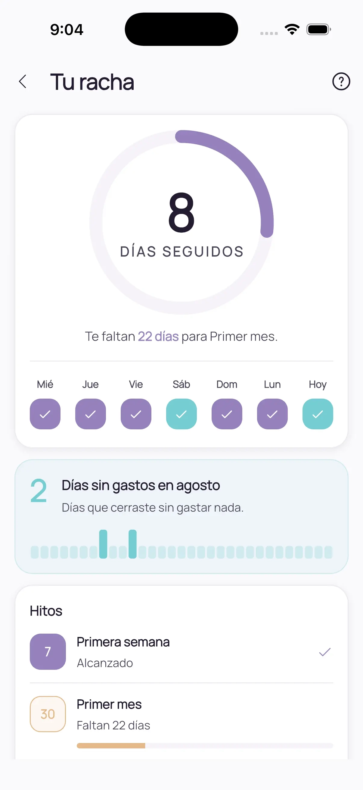 Pantalla de rachas de Qota con los días cerrados de la semana y los escudos disponibles.